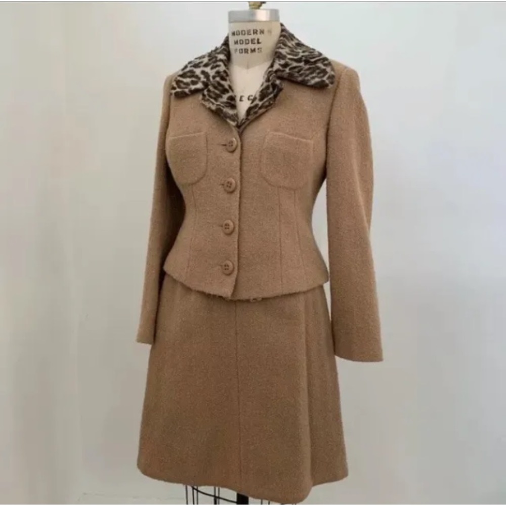 Dolce And Gabbana Brown Boucle Wool Skirt Suit Jacket Leopard Italy Size 42 6